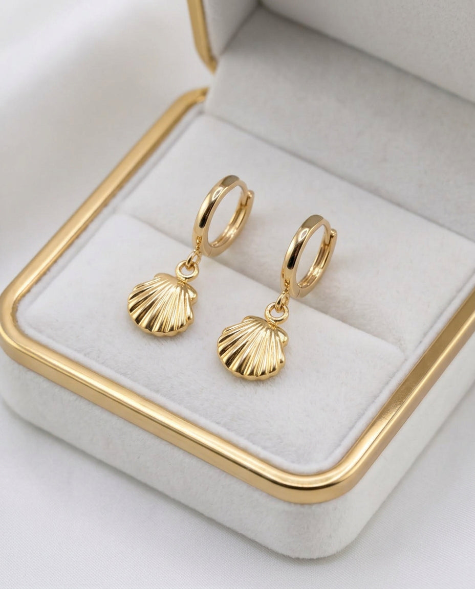 Coastal Circle & Shell Stud Earrings - Gold Plated