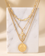 Triple Chain Necklace, Heart & Cross Charms, Gold Plated