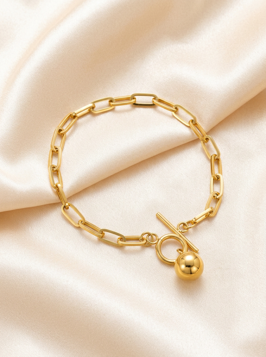 Vintage Gold Thick Bangle Bracelet with Steel Ball Pendant & Toggle Clasp - 18k Gold Plated
