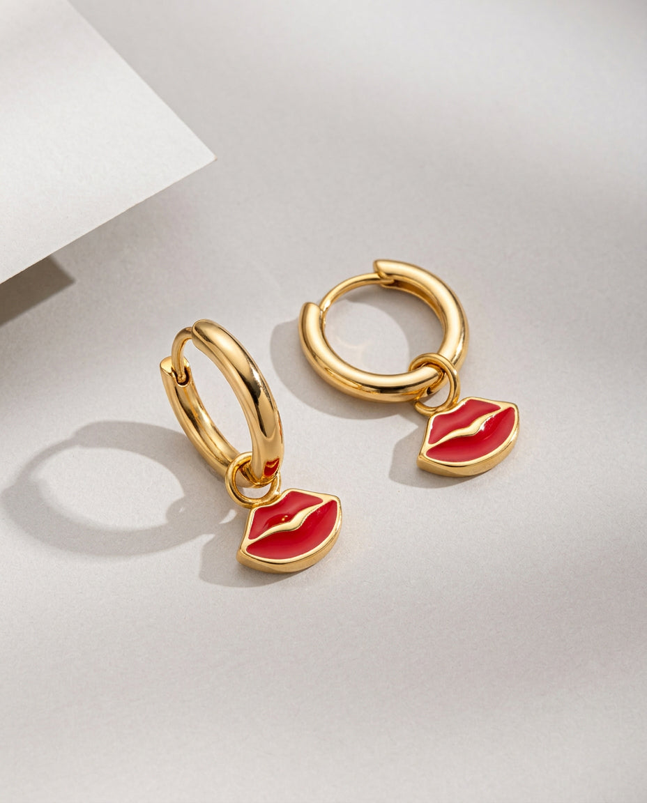 Red Lips Hooped Earrings - Gold Plated