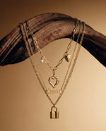 Triple Chain Necklace with Heart Padlock & Pearl, Gold Plated