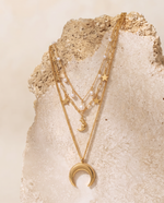 Celestial Pearl Pendant Necklace, Triple Layer, Gold Plated