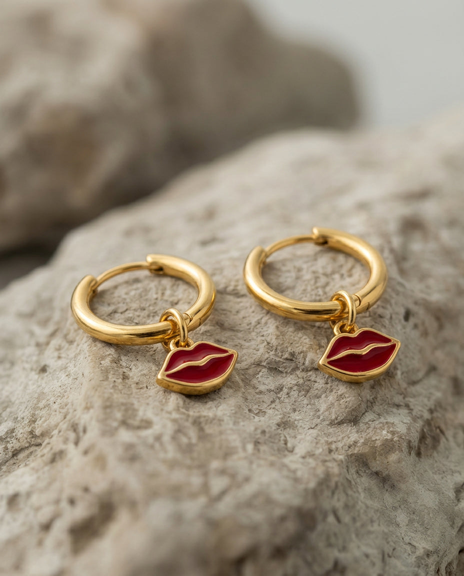 Red Lips Hooped Earrings - Gold Plated