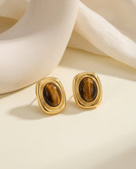 Oval Tiger's Eye Stud Earrings – 18k Gold Plated