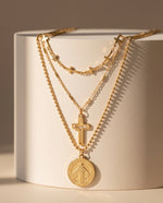 Triple Chain Necklace, Heart & Cross Charms, Gold Plated