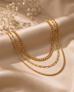 Three-Tier Layered Necklace – Mixed Chain Styles, Gold Plated