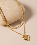 Layered Double Chain Necklace - Heart & Tag Pendant, Gold Plated