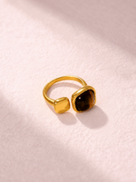 Square Pearl & Tiger's Eye Ring – 18K Gold Plated, Adjustable - Dark