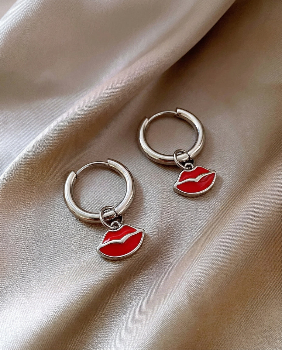 Red Lips Hooped Earrings - Gold Plated
